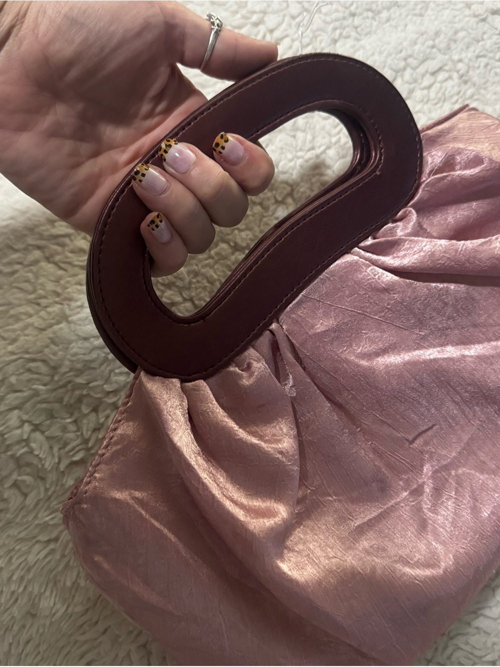 Women's Dusty Pink Satin Handbag with Brown Handle